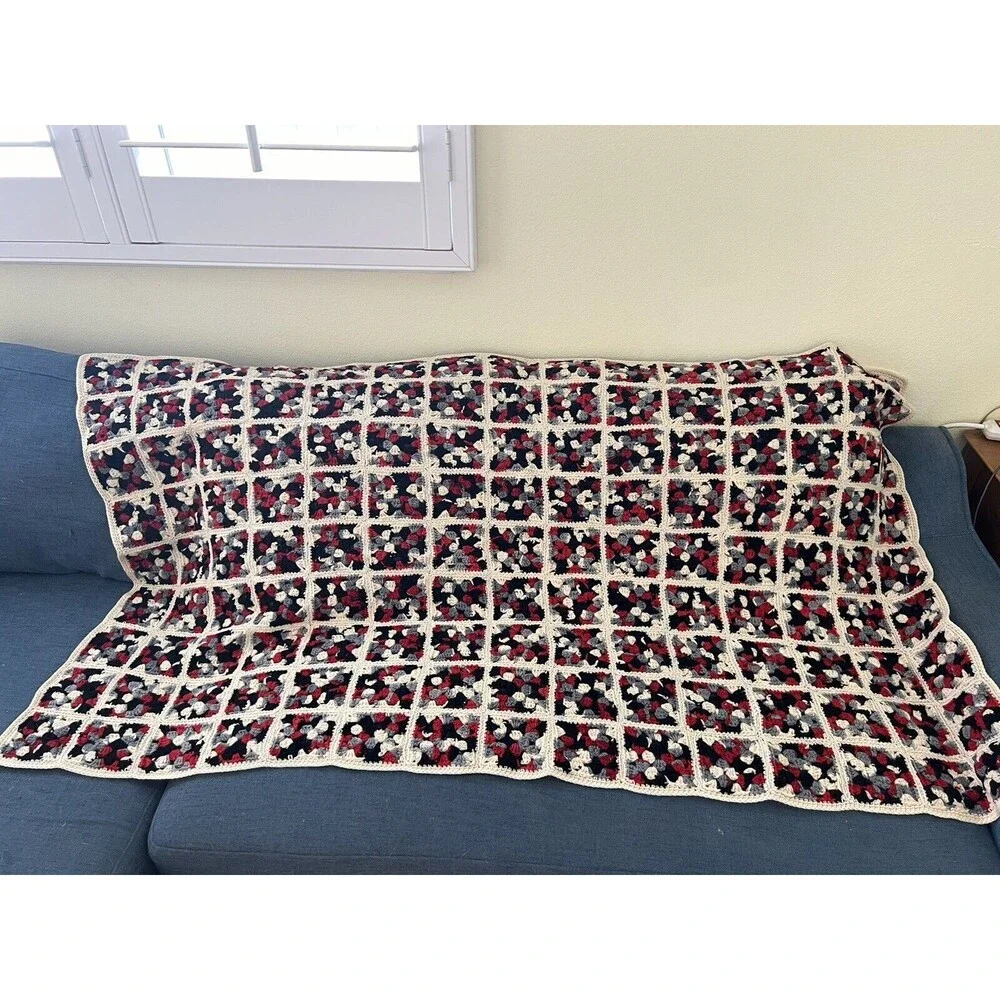 VTG Handmade Afghan Grannycore Squares Crochet Sofa Lap Throw Blanket 63” X‎ 37”